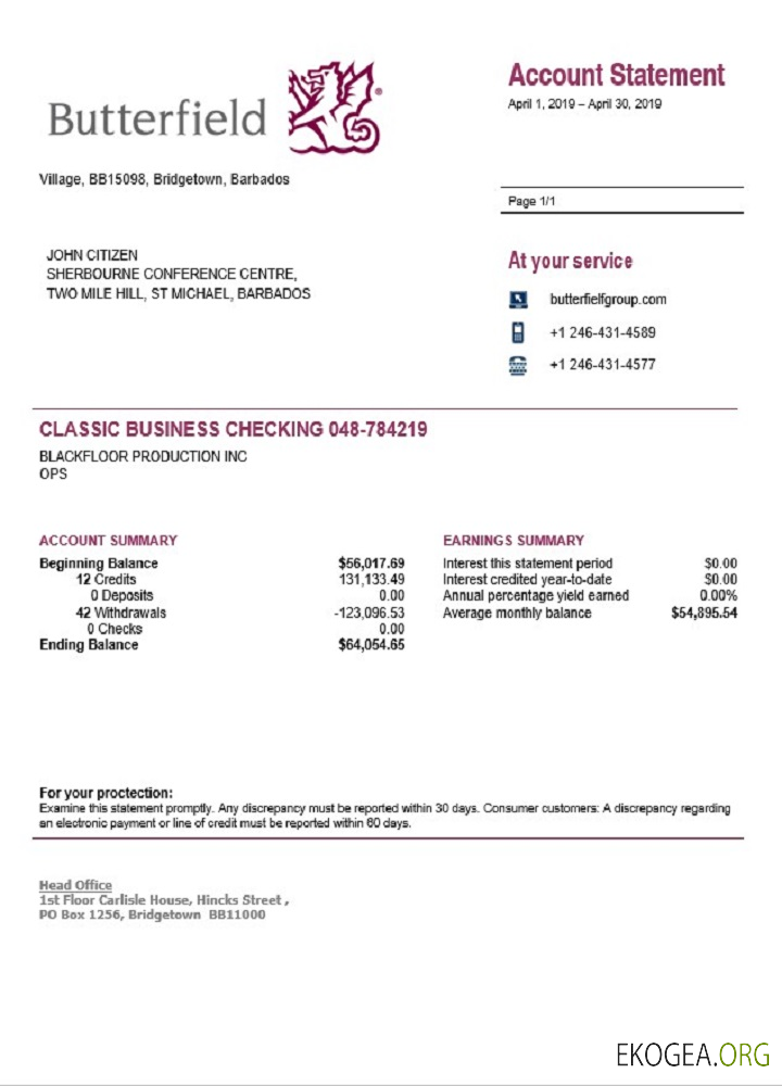 Relevé bancaire de Butterfield à la Barbade